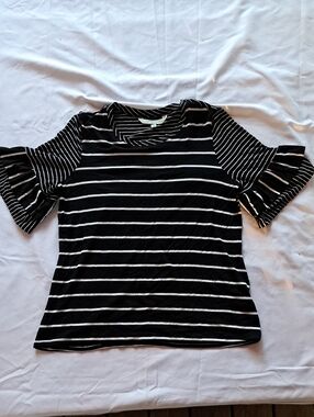 cleo Black & White Striped Ruffle Sleeve Tee